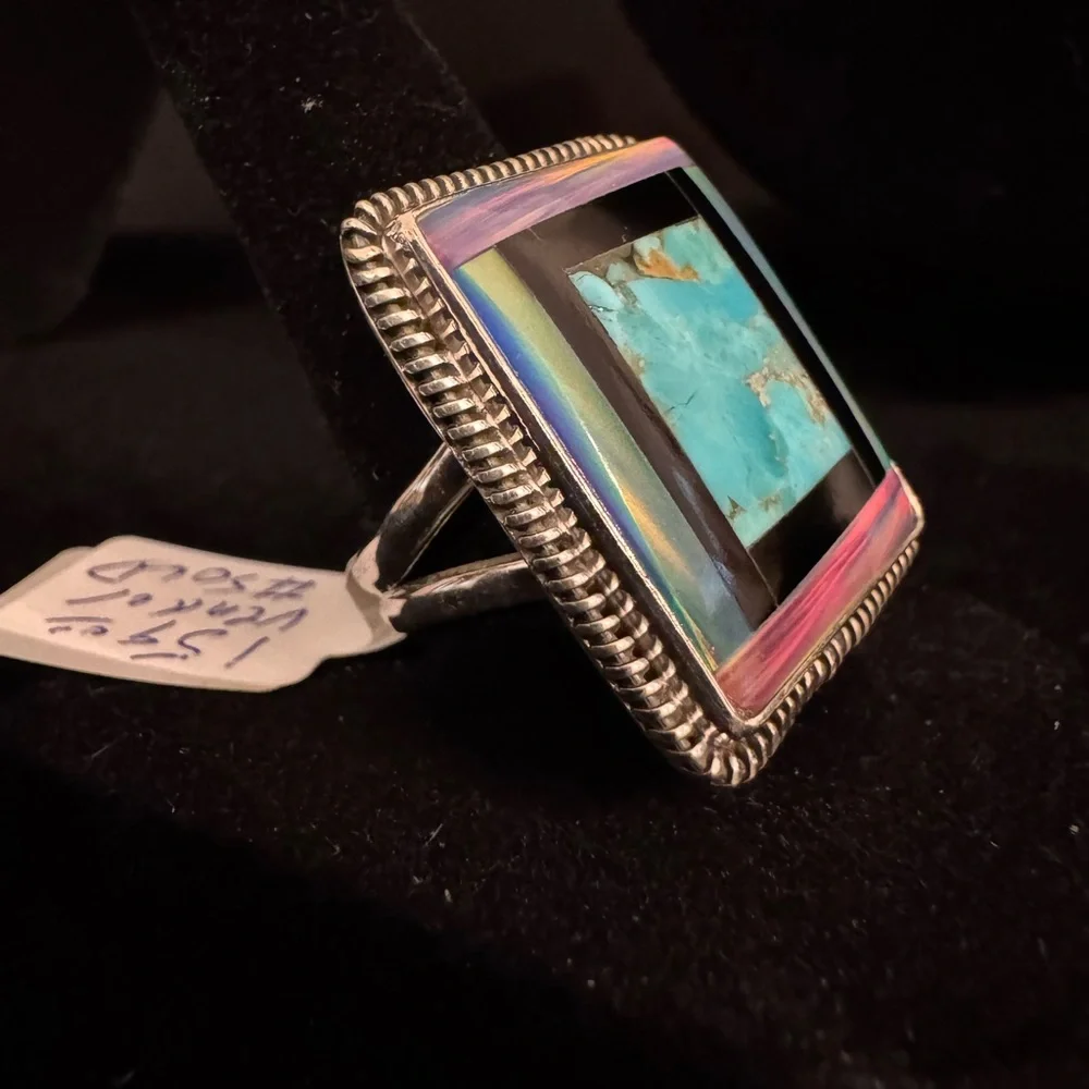 Beautiful‎ Turquoise, opal, black onyx and sterling Silver Ring